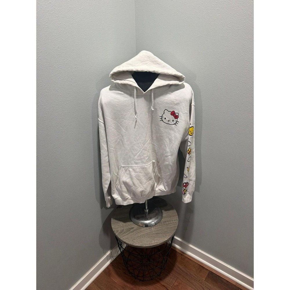 Hello Kitty White Hoodie Sweatshirt Size Large Front Sleeve Back Graphics